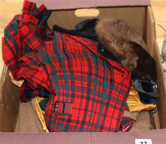 A beaver sporran, various vintage kilts and other clothing